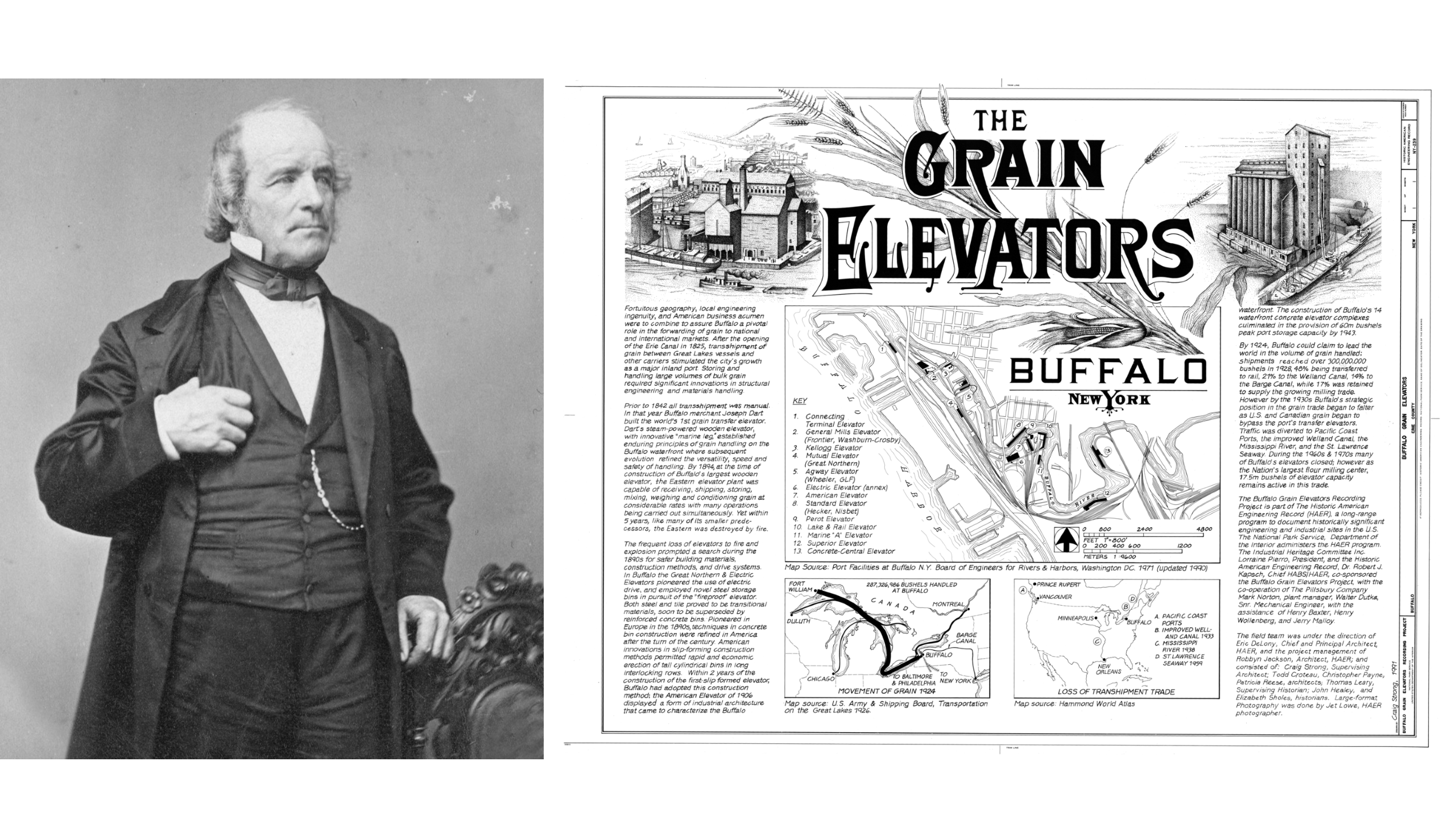 A portrait of Joseph Dart and an early map of Buffalo grain elevators